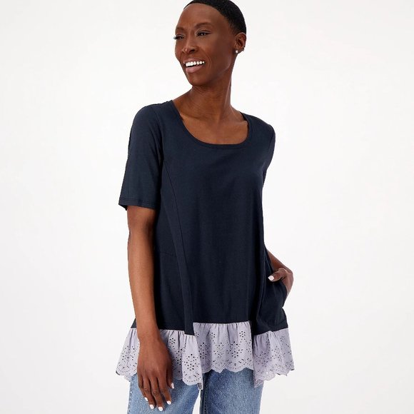 LOGO by Lori Goldstein Cotton Modal Elbow Sleeve Eyelet Hem Top - Picture 2 of 8